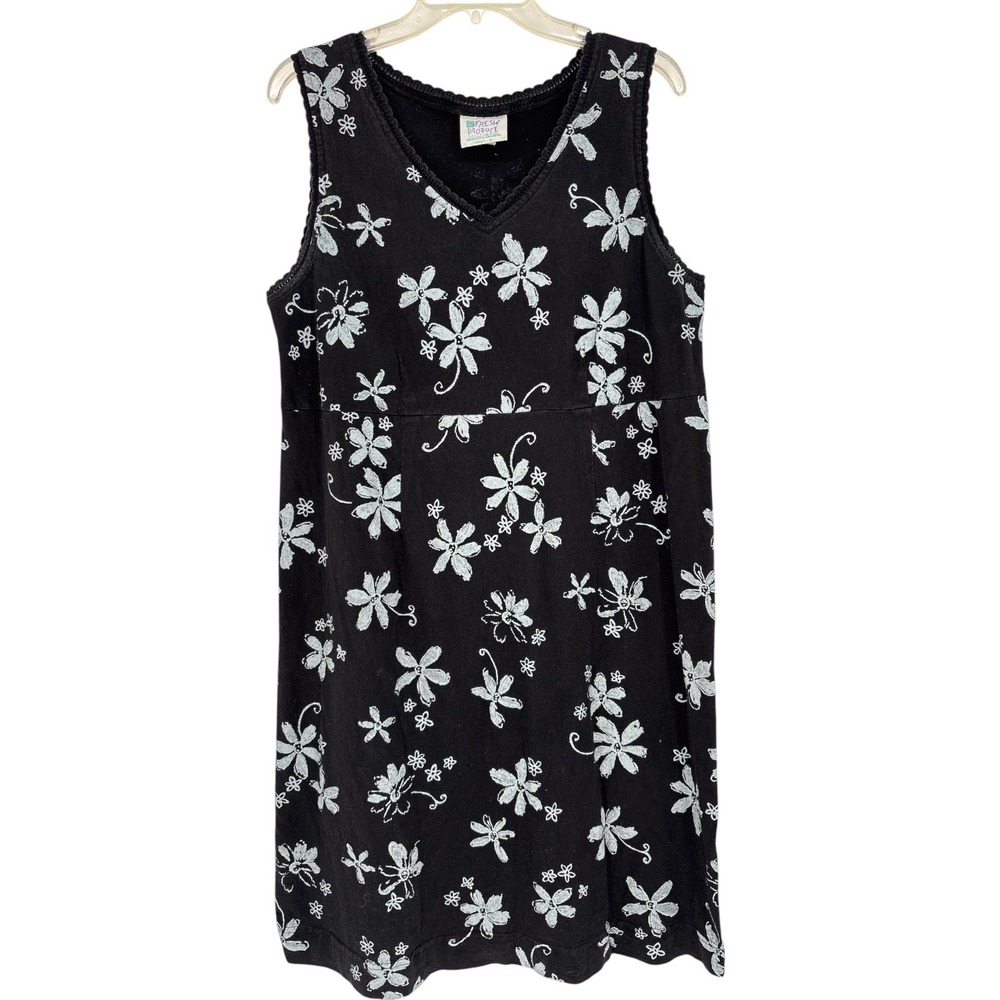 Vtg Fresh Produce Cotton Floral Midi Dress Women Size XL Black Sleeveless V Neck